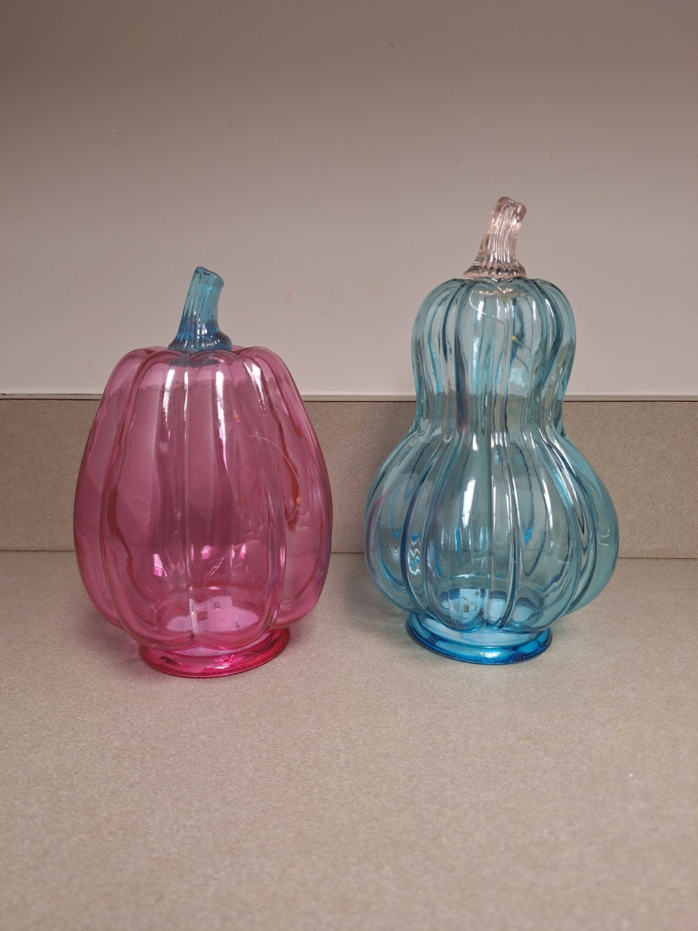 ✨ Set of 2 Pastel Pink & Blue Glass Pumpkins Fall Decor